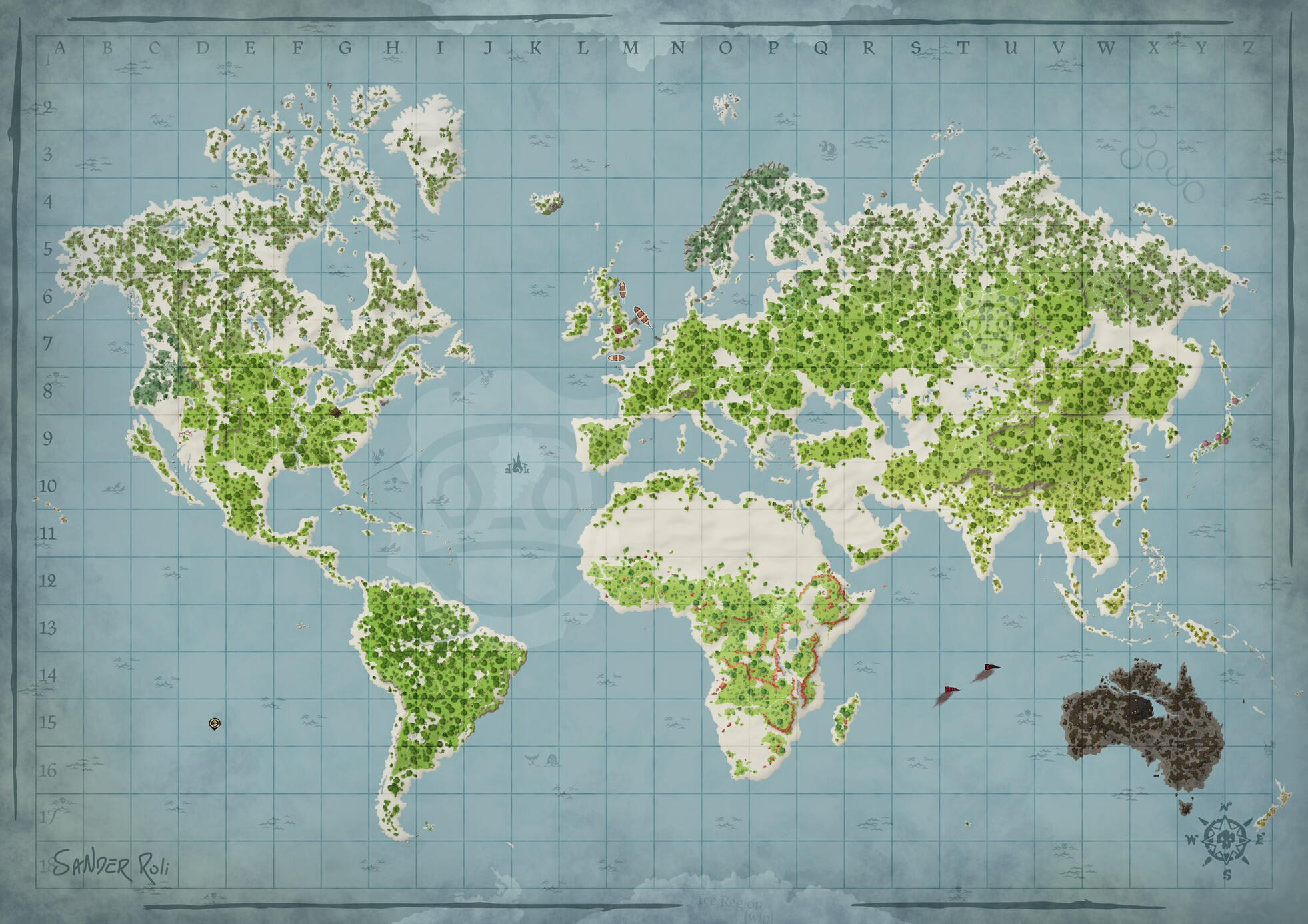 World map in the style of Sea of Thieves.