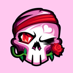 Winking skull with a pink headband, a rose, and a red heart shaped gemstone for an eye.