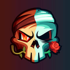 Orange and Green skull with a headband, a rose, an orange gemstone for an eye, split down the middle.
