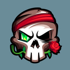 Skull with a red headband, a rose, and a green gemstone for an eye.