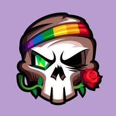 Skull with a pride headband, a rose, and a green gemstone for an eye.