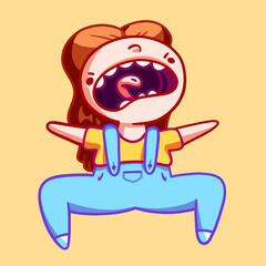 Female character in overalls looking frustrated screaming, half way squatting down.