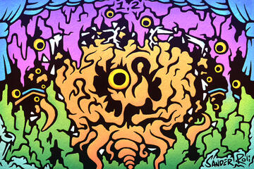 Colorful stylized brain and cave.