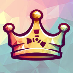 Golden Kingdoms crown with the RUST logo in the middle, with red and blue shading on each side.